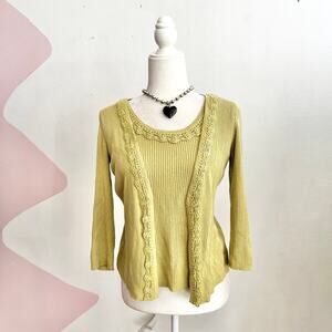 Vintage Green Lace Cardigan‎ 2-Fer Y2K 2000s Fairycore Boho 90s Small